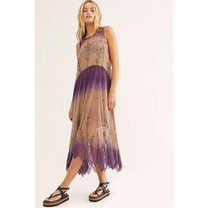 Free People Twilight Embellished Embroidered Tie Dye Midi Dress Orchid Combo M